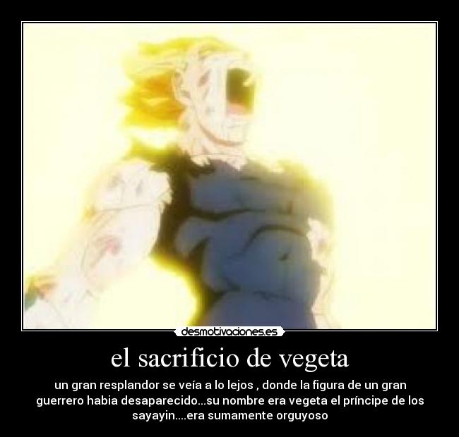 el sacrificio de vegeta - un gran resplandor se veía﻿ a lo lejos , donde la figura de un gran
guerrero habia desaparecido...su nombre era vegeta el príncipe de los
sayayin....era sumamente orguyoso