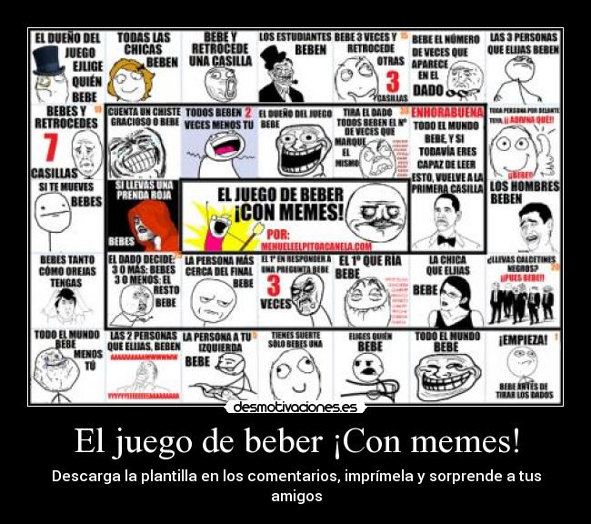El juego de beber ¡Con memes! - Descarga la plantilla en los comentarios, imprímela y sorprende a tus amigos