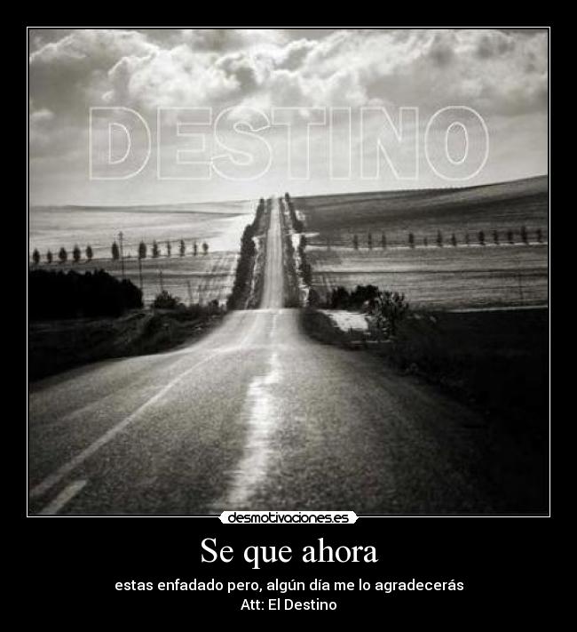 Se que ahora - estas enfadado pero, algún día me lo agradecerás
Att: El Destino