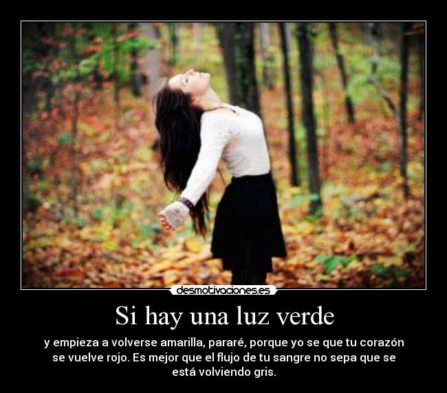 Si hay una luz verde - y empieza a volverse amarilla, pararé, porque yo se que tu corazón
se vuelve rojo. Es mejor que el flujo de tu sangre no sepa que se
está volviendo gris.