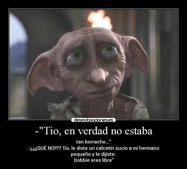 -Tio, en verdad no estaba - tan borracho...
-¿¿¡¡QUÉ NO!!?? Tio, le diste un calcetín sucio a mi hermano pequeño y le dijiste: 
Dobbie eres libre