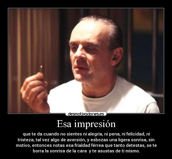 Esa impresión - que te da cuando no sientes ni alegría, ni pena, ni felicidad, ni
tristeza, tal vez algo de aversión, y esbozas una ligera sonrisa, sin
motivo, entonces notas esa frialdad férrea que tanto detestas, se te
borra la sonrisa de la cara  y te asustas de ti mismo.