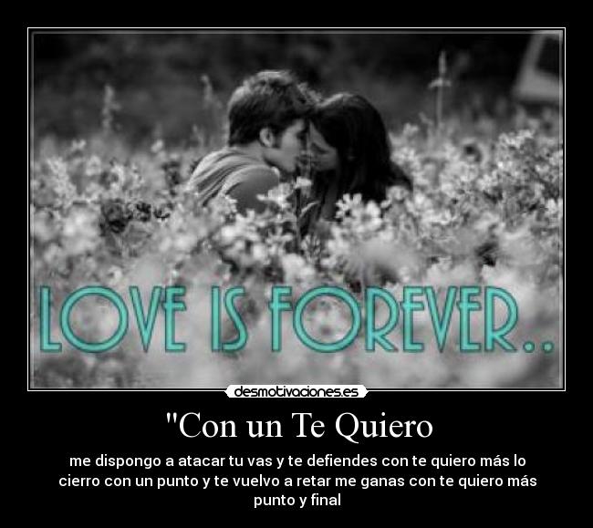 Con un Te Quiero - me dispongo a atacar tu vas y te defiendes con te quiero más lo
cierro con un punto y te vuelvo a retar me ganas con te quiero más
punto y final