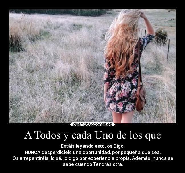 A Todos y cada Uno de los que - Estáis leyendo esto, os Digo,
NUNCA desperdiciéis una oportunidad, por pequeña que sea.
Os arrepentiréis, lo sé, lo digo por experiencia propia, Además, nunca se
sabe cuando Tendrás otra.