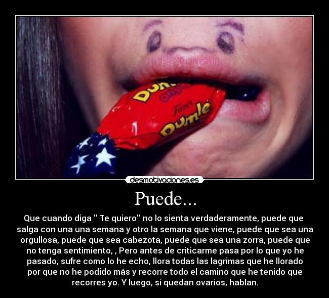 Puede... - Que cuando diga  Te quiero no lo sienta verdaderamente, puede que 
salga con una una semana y otro la semana que viene, puede que sea una
orgullosa, puede que sea cabezota, puede que sea una zorra, puede que
no tenga sentimiento, , Pero antes de criticarme pasa por lo que yo he
pasado, sufre como lo he echo, llora todas las lagrimas que he llorado
por que no he podido más y recorre todo el camino que he tenido que
recorres yo. Y luego, si quedan ovarios, hablan.