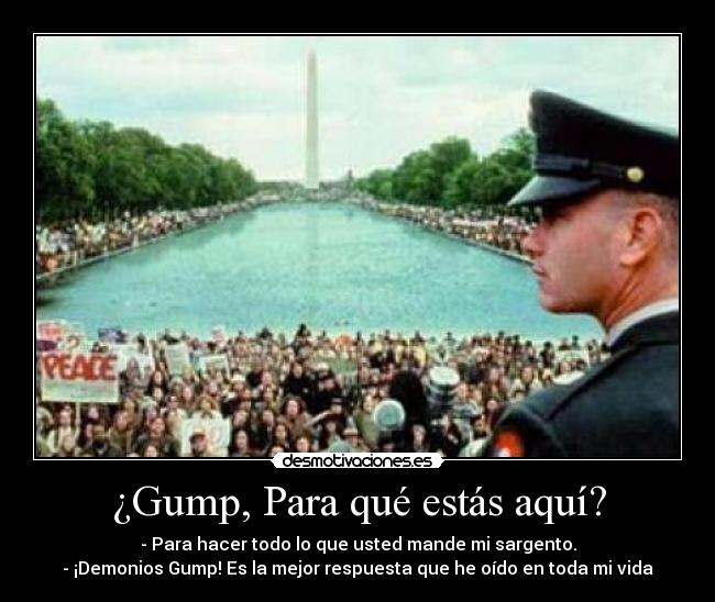 ¿Gump, Para qué estás aquí? - - Para hacer todo lo que usted mande mi sargento.
- ¡Demonios Gump! Es la mejor respuesta que he oído en toda mi vida