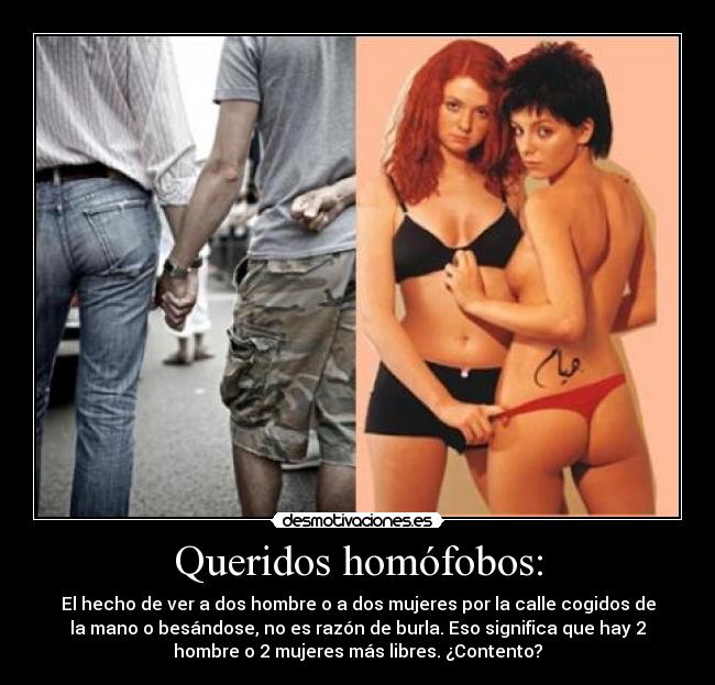 Queridos homófobos: - El hecho de ver a dos hombre o a dos mujeres por la calle cogidos de
la mano o besándose, no es razón de burla. Eso significa que hay 2
hombre o 2 mujeres más libres. ¿Contento?