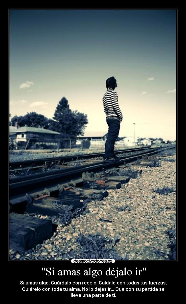 Si amas algo déjalo ir - Si amas algo: Guárdalo con recelo, Cuídalo con todas tus fuerzas,
Quiérelo con toda tu alma. No lo dejes ir... Que con su partida se
lleva una parte de ti.
