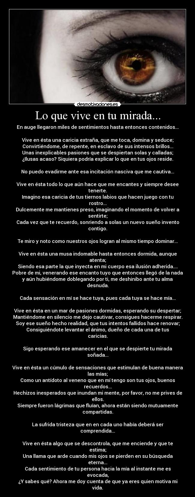 Lo que vive en tu mirada... - En auge llegaron miles de sentimientos hasta entonces contenidos...

Vive en ésta una caricia extraña, que me toca, domina y seduce;
Convirtiéndome, de repente, en esclavo de sus intensos brillos...
Unas inexplicables pasiones que se despiertan solas y calladas;
¿Ilusas acaso? Siquiera podría explicar lo que en tus ojos reside.

No puedo evadirme ante esa incitación nasciva que me cautiva...

Vive en ésta todo lo que aún hace que me encantes y siempre desee tenerte.
Imagino esa caricia de tus tiernos labios que hacen juego con tu rostro...
Dulcemente me mantienes preso, imaginando el momento de volver a sentirte;
Cada vez que te recuerdo, sonriendo a solas un nuevo sueño invento contigo.

Te miro y noto como nuestros ojos logran al mismo tiempo dominar...

Vive en ésta una musa indomable hasta entonces dormida, aunque atenta;
Siendo esa parte la que inyecta en mi cuerpo esa ilusión adherida....
Pobre de mi, venerando ese encanto tuyo que entonces llegó de la nada
y aún hubiéndome doblegando por ti, me deshinibo ante tu alma desnuda.

Cada sensación en mí se hace tuya, pues cada tuya se hace mía...

Vive en ésta en un mar de pasiones dormidas, esperando su despertar;
Mantiéndome en silencio me dejo cautivar, consigues hacerme respirar.
Soy ese sueño hecho realidad, que tus intentos fallidos hace renovar;
Consiguiéndote levantar el ánimo, dueño de cada una de tus caricias.

Sigo esperando ese amanecer en el que se despierte tu mirada soñada...

Vive en ésta un cúmulo de sensaciones que estimulan de buena manera las mías;
Como un antídoto al veneno que en mí tengo son tus ojos, buenos recuerdos...
Hechizos inesperados que inundan mi mente, por favor, no me prives de ellos.
Siempre fueron lágrimas que fluían, ahora están siendo mutuamente compartidas.

La sufrida tristeza que en en cada uno había deberá ser comprendida...

Vive en ésta algo que se descontrola, que me enciende y que te estima;
Una llama que arde cuando mis ojos se pierden en su búsqueda eterna...
Cada sentimiento de tu persona hacia la mía al instante me es evocada,
¿Y sabes qué? Ahora me doy cuenta de que ya eres quien motiva mi vida.