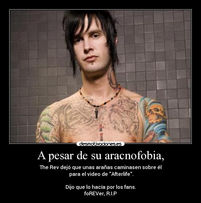 A pesar de su aracnofobia, - The Rev dejó que unas arañas caminasen sobre él
para el video de Afterlife.
Dijo que lo hacía por los fans.
foREVer, R.I.P
