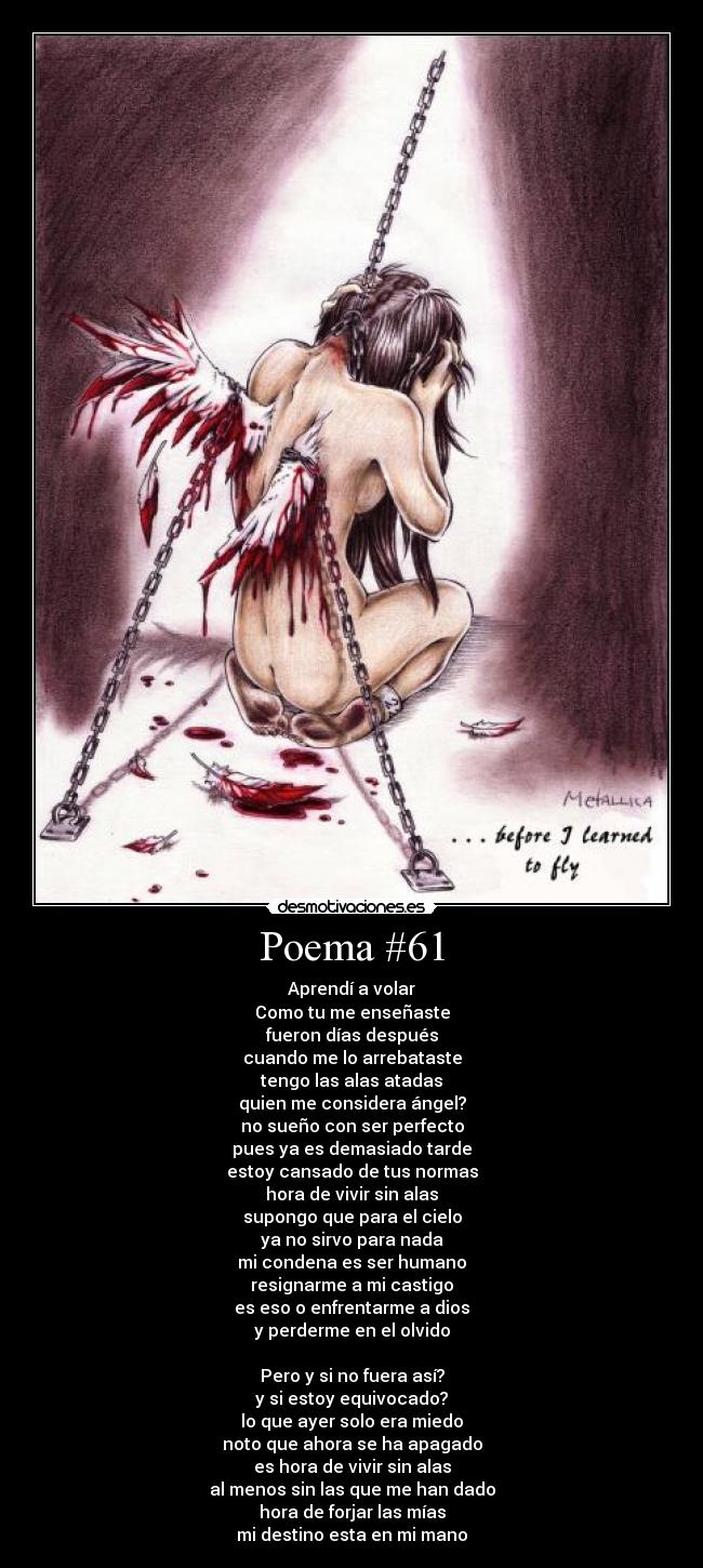Poema #61 - Aprendí a volar
Como tu me enseñaste
fueron días después
cuando me lo arrebataste
tengo las alas atadas
quien me considera ángel?
no sueño con ser perfecto
pues ya es demasiado tarde
estoy cansado de tus normas
hora de vivir sin alas
supongo que para el cielo
ya no sirvo para nada
mi condena es ser humano
resignarme a mi castigo
es eso o enfrentarme a dios
y perderme en el olvido
Pero y si no fuera así?
y si estoy equivocado?
lo que ayer solo era miedo
noto que ahora se ha apagado
es hora de vivir sin alas
al menos sin las que me han dado
hora de forjar las mías
mi destino esta en mi mano