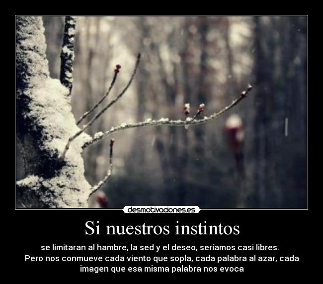 Si nuestros instintos - se limitaran al hambre, la sed y el deseo, seríamos casi libres.  
Pero nos conmueve cada viento que sopla, cada palabra al azar, cada
imagen que esa misma palabra nos evoca