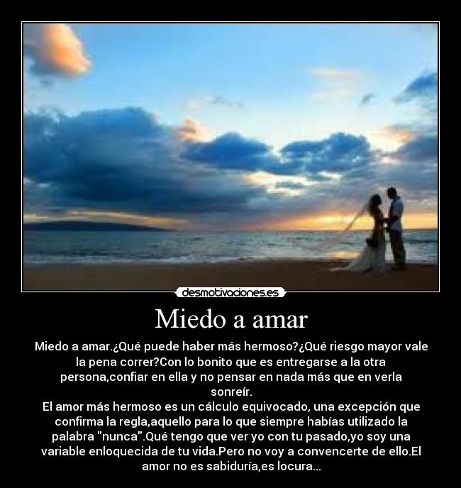 Miedo a amar - Miedo a amar.¿Qué puede haber más hermoso?¿Qué riesgo mayor vale
la pena correr?Con lo bonito que es entregarse a la otra
persona,confiar en ella y no pensar en nada más que en verla
sonreír.
El amor más hermoso es un cálculo equivocado, una excepción que
confirma la regla,aquello para lo que siempre habías utilizado la
palabra nunca.Qué tengo que ver yo con tu pasado,yo soy una
variable enloquecida de tu vida.Pero no voy a convencerte de ello.El
amor no es sabiduría,es locura...