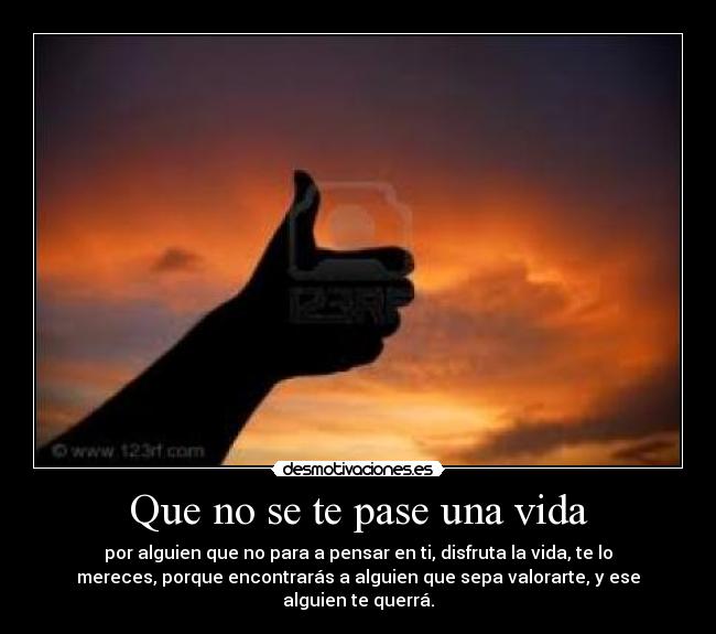 Que no se te pase una vida - por alguien que no para a pensar en ti, disfruta la vida, te lo
mereces, porque encontrarás a alguien que sepa valorarte, y ese
alguien te querrá.