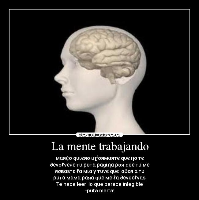 La mente trabajando - мαя¢σ qυιєяσ ιηƒσямαятє qυє ησ тє
∂єνσℓνєяє тυ ρυтα ραgιηα ρσя qυє тυ мє
яσвαѕтє ℓα мια у тυνє qυє נσ∂єя α тυ
ρυтα мαмα ραяα qυє мє ℓα ∂єνυєℓναѕ.
Te hace leer lo que parece inlegible
-puta marta!