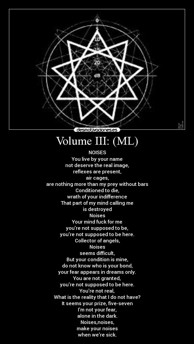 Volume III: (ML) - NOISES
You live by your name
not deserve the real image,
reflexes are present,
air cages,
are nothing more than my prey without bars
Conditioned to die,
wrath of your indifference
That part of my mind calling me
is destroyed
Noises
Your mind fuck for me
youre not supposed to be,
youre not supposed to be here.
Collector of angels,
Noises
seems difficult,
But your condition is mine,
do not know who is your bond,
your fear appears in dreams only.
You are not granted,
youre not supposed to be here.
Youre not real,
What is the reality that I do not have?
It seems your prize, five-seven
Im not your fear,
alone in the dark.
Noises,noises,
make your noises
when were sick.