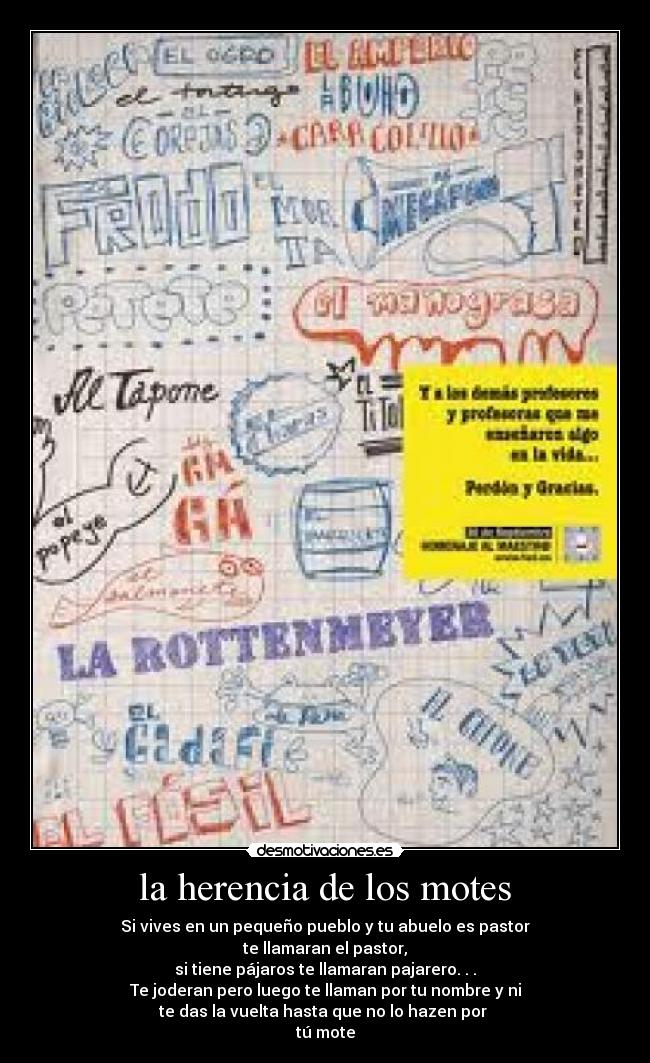 la herencia de los motes - Si vives en un pequeño pueblo y tu abuelo es pastor
te llamaran el pastor,
si tiene pájaros te llamaran pajarero. . .
Te joderan pero luego te llaman por tu nombre y ni
te das la vuelta hasta que no lo hazen por
tú mote