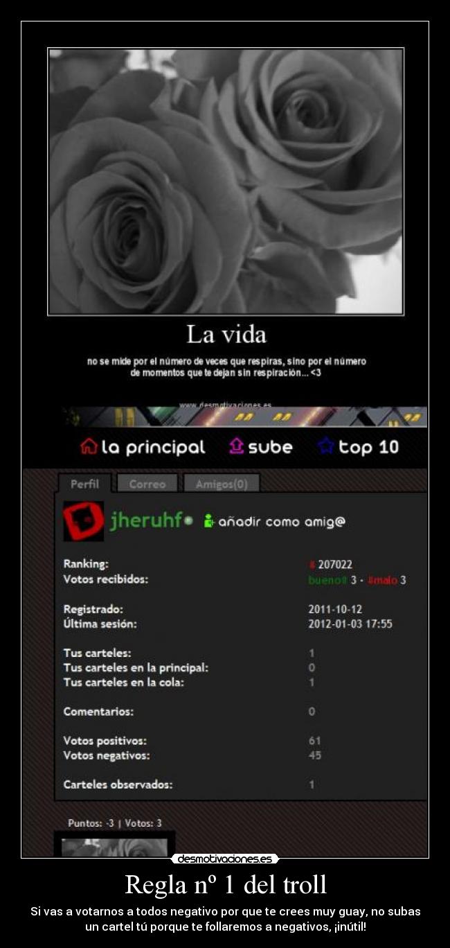 Regla nº 1 del troll - Si vas a votarnos a todos negativo por que te crees muy guay, no subas
un cartel tú porque te follaremos a negativos, ¡inútil!