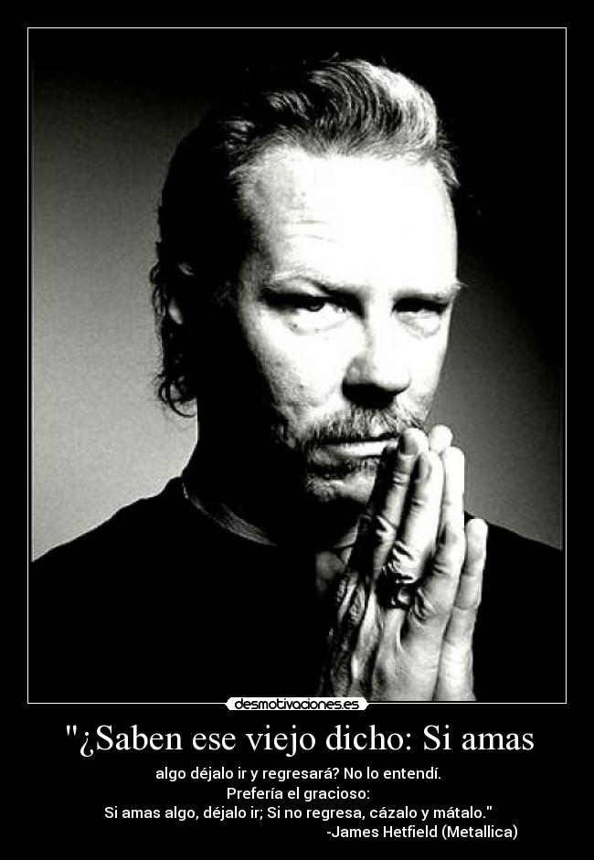 ¿Saben ese viejo dicho: Si amas - algo déjalo ir y regresará? No lo entendí.
Prefería el gracioso:
Si amas algo, déjalo ir; Si no regresa, cázalo y mátalo.
                                                                    -James Hetfield (Metallica)