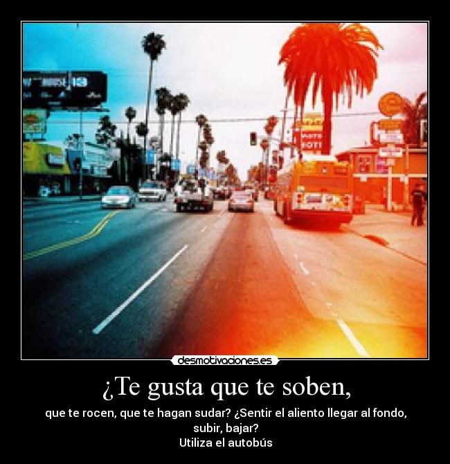 ¿Te gusta que te soben, - que te rocen, que te hagan sudar? ¿Sentir el aliento llegar al fondo, subir, bajar?
Utiliza el autobús