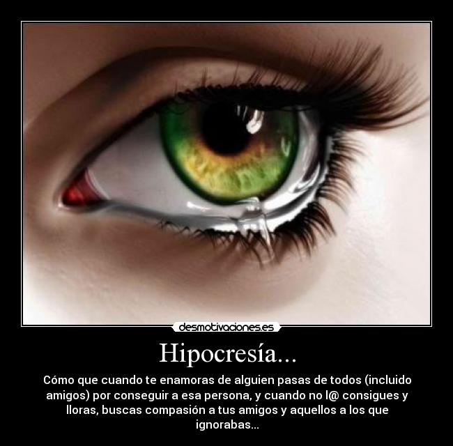 Hipocresía... - Cómo que cuando te enamoras de alguien pasas de todos (incluido
amigos) por conseguir a esa persona, y cuando no l@ consigues y
lloras, buscas compasión a tus amigos y aquellos a los que
ignorabas...