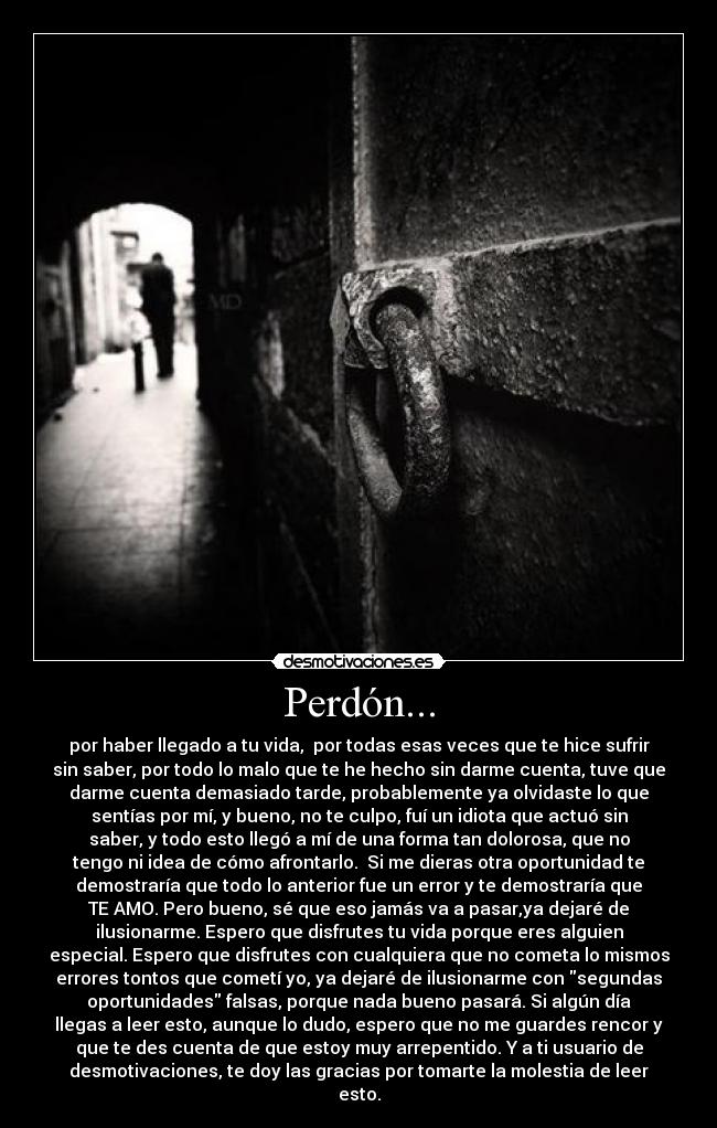 Perdón... - por haber llegado a tu vida, por todas esas veces que te hice sufrir
sin saber, por todo lo malo que te he hecho sin darme cuenta, tuve que
darme cuenta demasiado tarde, probablemente ya olvidaste lo que
sentías por mí, y bueno, no te culpo, fuí un idiota que actuó sin
saber, y todo esto llegó a mí de una forma tan dolorosa, que no
tengo ni idea de cómo afrontarlo. Si me dieras otra oportunidad te
demostraría que todo lo anterior fue un error y te demostraría que
TE AMO. Pero bueno, sé que eso jamás va a pasar,ya dejaré de
ilusionarme. Espero que disfrutes tu vida porque eres alguien
especial. Espero que disfrutes con cualquiera que no cometa lo mismos
errores tontos que cometí yo, ya dejaré de ilusionarme con segundas
oportunidades falsas, porque nada bueno pasará. Si algún día
llegas a leer esto, aunque lo dudo, espero que no me guardes rencor y
que te des cuenta de que estoy muy arrepentido. Y a ti usuario de
desmotivaciones, te doy las gracias por tomarte la molestia de leer
esto.