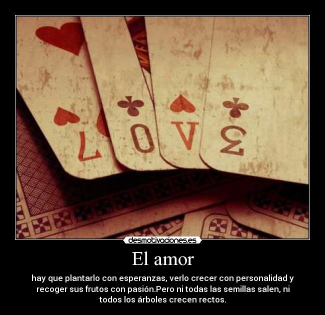 El amor - hay que plantarlo con esperanzas, verlo crecer con personalidad y
recoger sus frutos con pasión.Pero ni todas las semillas salen, ni
todos los árboles crecen rectos.
