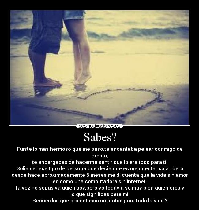 Sabes? - Fuiste lo mas hermoso que me paso,te encantaba pelear conmigo de
broma,
te encargabas de hacerme sentir que lo era todo para ti!
Solia ser ese tipo de persona que decia que es mejor estar sola.. pero
desde hace aproximadamente 5 meses me di cuenta que la vida sin amor
es como una computadora sin internet.
Talvez no sepas ya quien soy,pero yo todavia se muy bien quien eres y
lo que significas para mi.
Recuerdas que prometimos un juntos para toda la vida ?