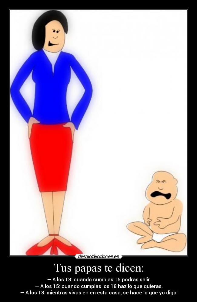 Tus papas te dicen: - — A los 13: cuando cumplas 15 podrás salir.
— A los 15: cuando cumplas los 18 haz lo que quieras.
— A los 18: mientras vivas en en esta casa, se hace lo que yo diga!