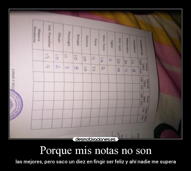 Porque mis notas no son - las mejores, pero saco un diez en fingir ser feliz y ahí nadie me supera