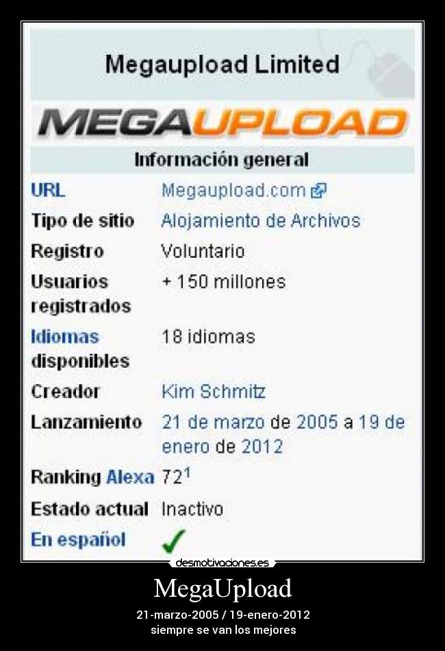 MegaUpload - 21-marzo-2005 / 19-enero-2012
siempre se van los mejores