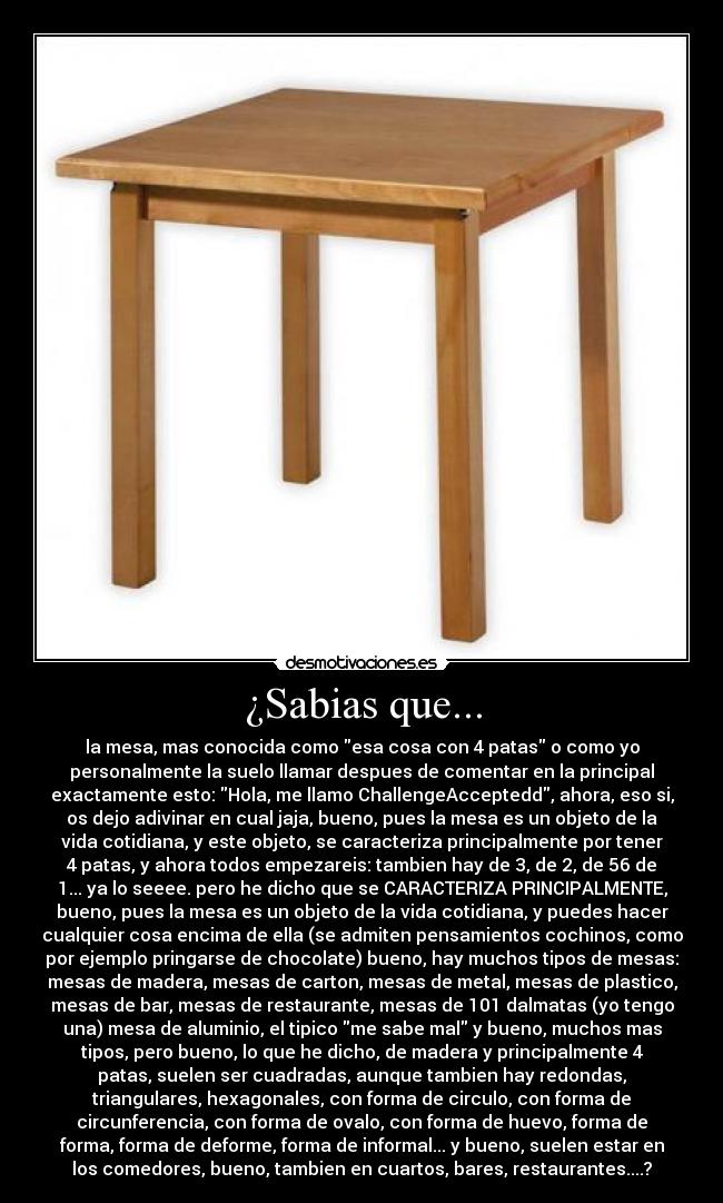 ¿Sabias que... - la mesa, mas conocida como esa cosa con 4 patas o como yo
personalmente la suelo llamar despues de comentar en la principal
exactamente esto: Hola, me llamo ChallengeAcceptedd, ahora, eso si,
os dejo adivinar en cual jaja, bueno, pues la mesa es un objeto de la
vida cotidiana, y este objeto, se caracteriza principalmente por tener
4 patas, y ahora todos empezareis: tambien hay de 3, de 2, de 56 de
1... ya lo seeee. pero he dicho que se CARACTERIZA PRINCIPALMENTE,
bueno, pues la mesa es un objeto de la vida cotidiana, y puedes hacer
cualquier cosa encima de ella (se admiten pensamientos cochinos, como
por ejemplo pringarse de chocolate) bueno, hay muchos tipos de mesas:
mesas de madera, mesas de carton, mesas de metal, mesas de plastico,
mesas de bar, mesas de restaurante, mesas de 101 dalmatas (yo tengo
una) mesa de aluminio, el tipico me sabe mal y bueno, muchos mas
tipos, pero bueno, lo que he dicho, de madera y principalmente 4
patas, suelen ser cuadradas, aunque tambien hay redondas,
triangulares, hexagonales, con forma de circulo, con forma de
circunferencia, con forma de ovalo, con forma de huevo, forma de
forma, forma de deforme, forma de informal... y bueno, suelen estar en
los comedores, bueno, tambien en cuartos, bares, restaurantes....?