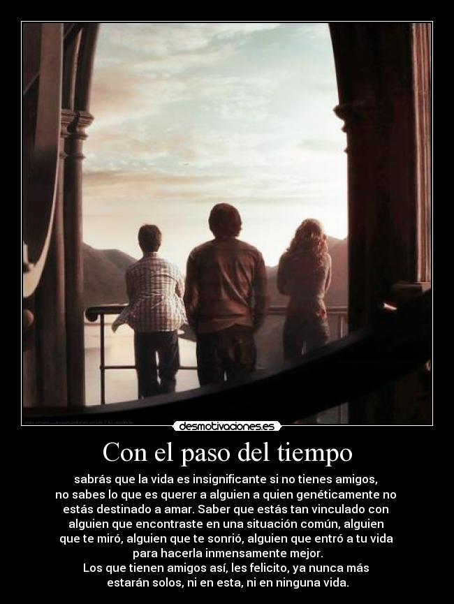 Con el paso del tiempo - sabrás que la vida es insignificante si no tienes amigos, 
no sabes lo que es querer a alguien a quien genéticamente no 
estás destinado a amar. Saber que estás tan vinculado con 
alguien que encontraste en una situación común, alguien 
que te miró, alguien que te sonrió, alguien que entró a tu vida 
para hacerla inmensamente mejor.
Los que tienen amigos así, les felicito, ya nunca más 
estarán solos, ni en esta, ni en ninguna vida.