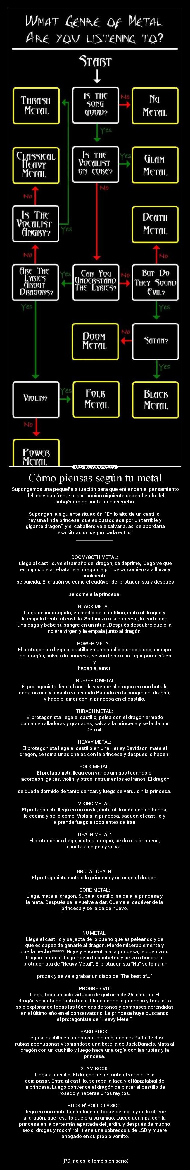 Cómo piensas según tu metal - Supongamos una pequeña situación para que entiendan el pensamiento
del individuo frente a la situacion siguiente dependiendo del
subgénero del metal que escucha.

Supongan la siguiente situación, “En lo alto de un castillo, 
hay una linda princesa, que es custodiada por un terrible y 
gigante dragón”, y el caballero va a salvarla. así se abordaría
esa situación según cada estilo: 
________________ 


DOOM/GOTH METAL: 
Llega al castillo, ve el tamaño del dragón, se deprime, luego ve que
es imposible arrebatarle al dragon la princesa. comienza a llorar y
finalmente 
se suicida. El dragón se come el cadáver del protagonista y después

se come a la princesa. 

BLACK METAL: 
Llega de madrugada, en medio de la neblina, mata al dragón y 
lo empala frente al castillo. Sodomiza a la princesa, la corta con 
una daga y bebe su sangre en un ritual. Después descubre que ella 
no era virgen y la empala junto al dragón. 

POWER METAL: 
El protagonista llega al castillo en un caballo blanco alado, escapa 
del dragón, salva a la princesa, se van lejos a un lugar paradisíaco
y 
hacen el amor. 

TRUE/EPIC METAL: 
El protagonista llega al castillo y vence al dragón en una batalla 
encarnizada y levanta su espada Bañada en la sangre del dragón, 
y hace el amor con la princesa en el castillo. 

THRASH METAL: 
El protagonista llega al castillo, pelea con el dragón armado 
con ametralladoras y granadas, salva a la princesa y se la da por 
Detroit. 

HEAVY METAL: 
El protagonista llega al castillo en una Harley Davidson, mata al 
dragón, se toma unas chelas con la princesa y después lo hacen. 

FOLK METAL: 
El protagonista llega con varios amigos tocando el 
acordeón, gaitas, violín, y otros instrumentos extraños. El dragón

se queda dormido de tanto danzar, y luego se van… sin la princesa. 

VIKING METAL: 
El protagonista llega en un navío, mata al dragón con un hacha, 
lo cocina y se lo come. Viola a la princesa, saquea el castillo y 
le prende fuego a todo antes de irse. 

DEATH METAL: 
El protagonista llega, mata al dragón, se da a la princesa, 
la mata a golpes y se va… 



BRUTAL DEATH: 
El protagonista mata a la princesa y se coge al dragón. 

GORE METAL: 
Llega, mata al dragón. Sube al castillo, se da a la princesa y 
la mata. Después se la vuelve a dar. Quema el cadáver de la 
princesa y se la da de nuevo. 



NU METAL: 
Llega al castillo y se jacta de lo bueno que es peleando y de 
que es capaz de ganarle al dragón. Pierde miserablemente y 
queda hecho ******. Huye y encuentra a la princesa, le cuenta su 
trágica infancia. La princesa lo cachetea y se va a buscar al 
protagonista de “Heavy Metal”. El protagonista “Nu” se toma un

prozak y se va a grabar un disco de “The best of…” 

PROGRESIVO: 
Llega, toca un solo virtuoso de guitarra de 26 minutos. El 
dragón se mata de tanto tedio. Llega donde la princesa y toca otro 
solo explorando todas las técnicas de tonos y compases aprendidas 
en el último año en el conservatorio. La princesa huye buscando 
al protagonista de “Heavy Metal”. 

HARD ROCK: 
Llega al castillo en un convertible rojo, acompañado de dos 
rubias pechugonas y tomándose una botella de Jack Daniels. Mata al 
dragón con un cuchillo y luego hace una orgía con las rubias y la 
princesa. 

GLAM ROCK: 
Llega al castillo. El dragón se ríe tanto al verlo que lo 
deja pasar. Entra al castillo, se roba la laca y el lápiz labial de 
la princesa. Luego convence al dragón de pintar el castillo de 
rosado y hacerse unos rayitos. 

ROCK N’ ROLL CLÁSICO: 
Llega en una moto fumándose un toque de mota y se lo ofrece 
al dragón, que resultó que era su amigo. Luego acampa con la 
princesa en la parte más apartada del jardín, y después de mucho 
sexo, drogas y rockn’ roll, tiene una sobredosis de LSD y muere 
ahogado en su propio vómito.



(PD: no os lo toméis en serio)