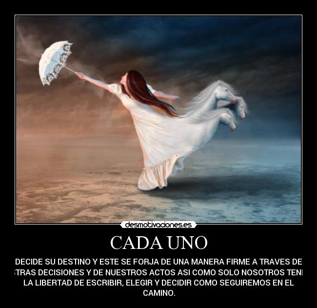 CADA UNO - DECIDE SU DESTINO Y ESTE SE FORJA DE UNA MANERA FIRME A TRAVES DE
NUESTRAS DECISIONES Y DE NUESTROS ACTOS ASI COMO SOLO NOSOTROS TENEMOS
LA LIBERTAD DE ESCRIBIR, ELEGIR Y DECIDIR COMO SEGUIREMOS EN EL
CAMINO.