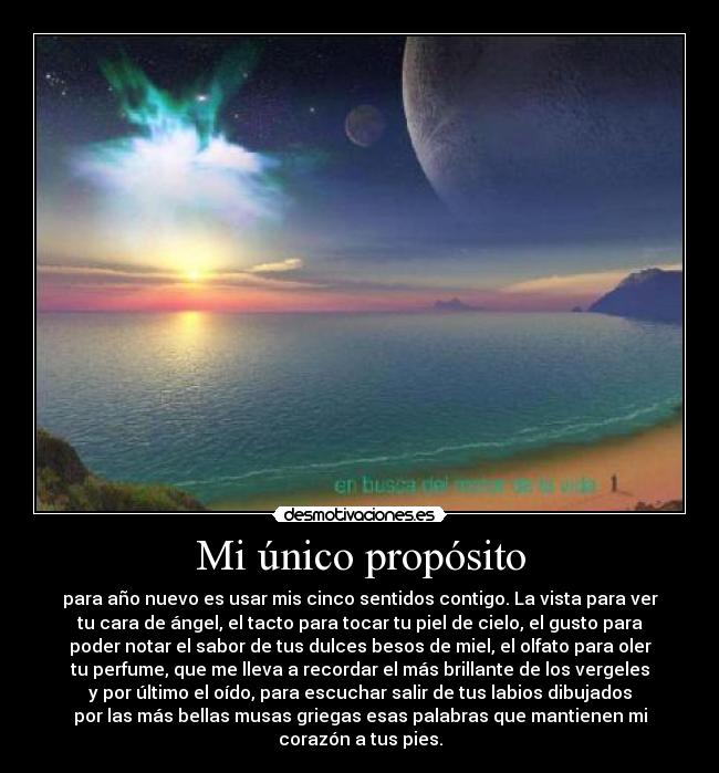 Mi único propósito - para año nuevo es usar mis cinco sentidos contigo. La vista para ver
tu cara de ángel, el tacto para tocar tu piel de cielo, el gusto para
poder notar el sabor de tus dulces besos de miel, el olfato para oler
tu perfume, que me lleva a recordar el más brillante de los vergeles
y por último el oído, para escuchar salir de tus labios dibujados
por las más bellas musas griegas esas palabras que mantienen mi
corazón a tus pies.