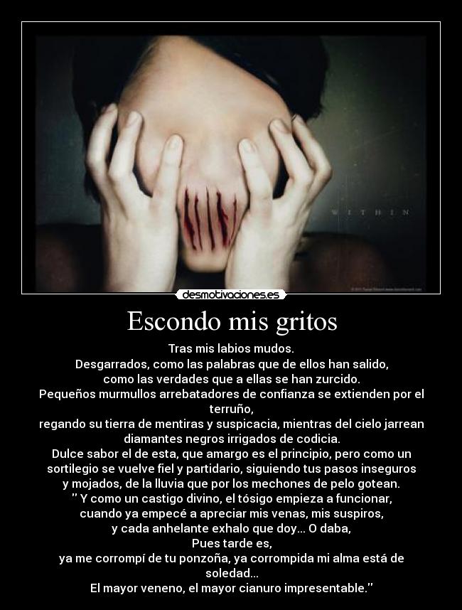 Escondo mis gritos - Tras mis labios mudos.
Desgarrados, como las palabras que de ellos han salido,
como las verdades que a ellas se han zurcido.
Pequeños murmullos arrebatadores de confianza se extienden por el
terruño,
regando su tierra de mentiras y suspicacia, mientras del cielo jarrean
diamantes negros irrigados de codicia.
Dulce sabor el de esta, que amargo es el principio, pero como un
sortilegio se vuelve fiel y partidario, siguiendo tus pasos inseguros
y mojados, de la lluvia que por los mechones de pelo gotean.
 Y como un castigo divino, el tósigo empieza a funcionar,
cuando ya empecé a apreciar mis venas, mis suspiros,
y cada anhelante exhalo que doy... O daba,
Pues tarde es,
ya me corrompí de tu ponzoña, ya corrompida mi alma está de
soledad...
El mayor veneno, el mayor cianuro impresentable.