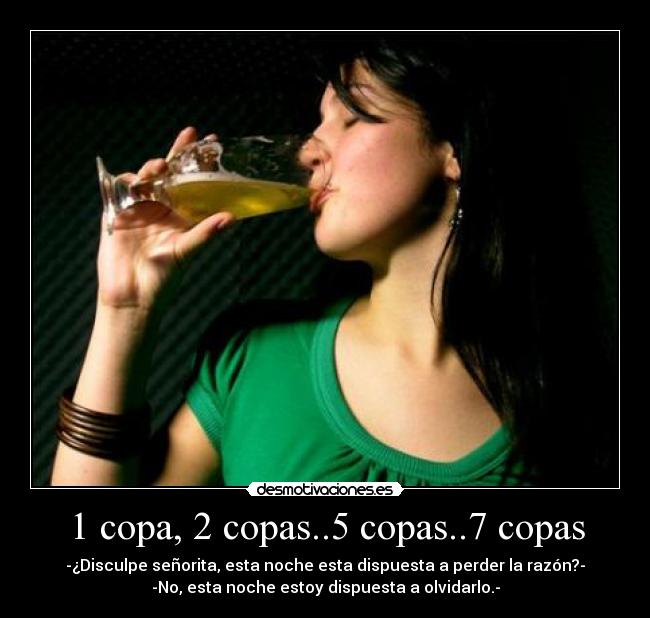 1 copa, 2 copas..5 copas..7 copas - -¿Disculpe señorita, esta noche esta dispuesta a perder la razón?-
-No, esta noche estoy dispuesta a olvidarlo.-