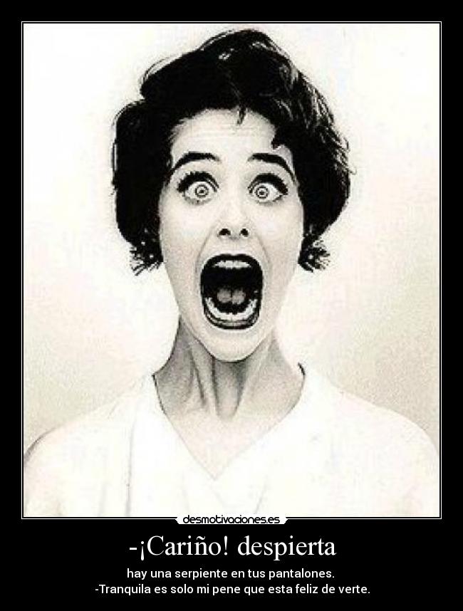 -¡Cariño! despierta - hay una serpiente en tus pantalones.
-Tranquila es solo mi pene que esta feliz de verte.