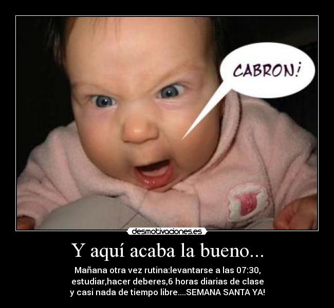 Y aquí acaba la bueno... - Mañana otra vez rutina:levantarse a las 07:30,
estudiar,hacer deberes,6 horas diarias de clase
y casi nada de tiempo libre....SEMANA SANTA YA!