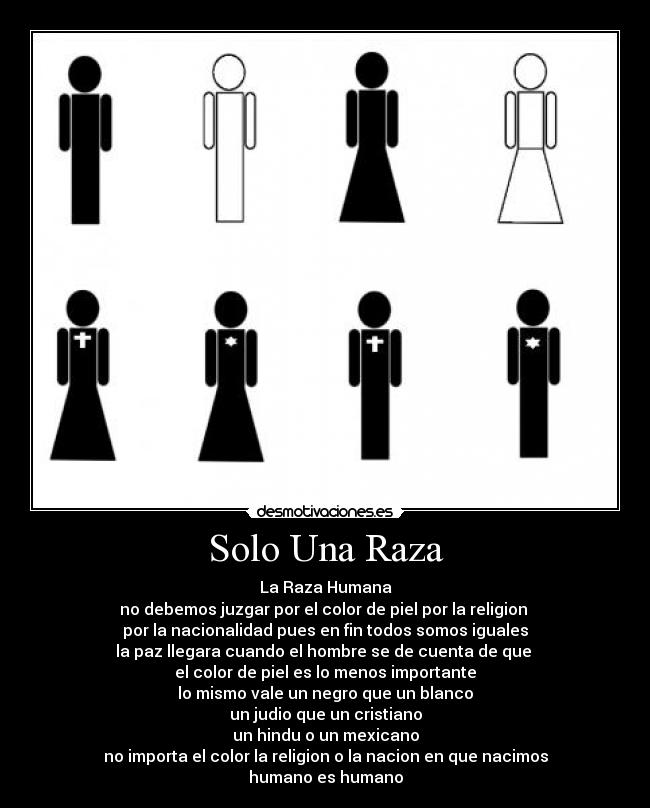 Solo Una Raza - La Raza Humana
no debemos juzgar por el color de piel por la religion
por la nacionalidad pues en fin todos somos iguales
la paz llegara cuando el hombre se de cuenta de que
el color de piel es lo menos importante
lo mismo vale un negro que un blanco
un judio que un cristiano
un hindu o un mexicano
no importa el color la religion o la nacion en que nacimos
humano es humano
