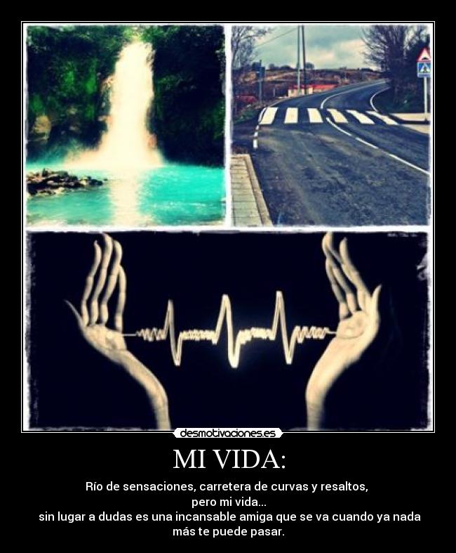 MI VIDA: - Río de sensaciones, carretera de curvas y resaltos,
pero mi vida...
sin lugar a dudas es una incansable amiga que se va cuando ya nada
más te puede pasar.