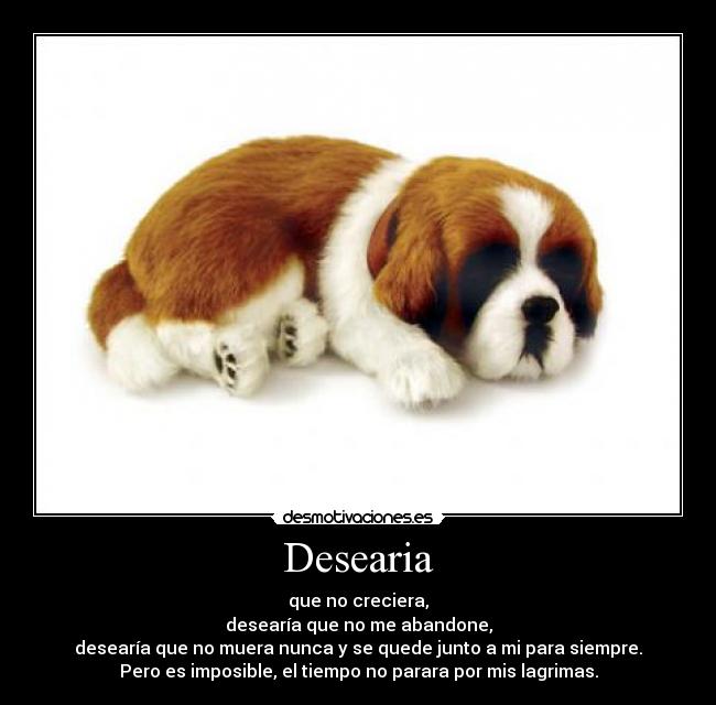 Desearia - que no creciera,
desearía que no me abandone,
desearía que no muera nunca y se quede junto a mi para siempre.
Pero es imposible, el tiempo no parara por mis lagrimas.