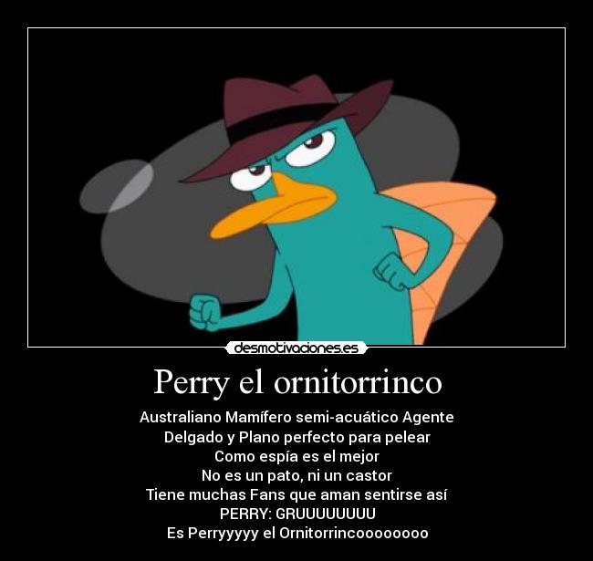 Perry el ornitorrinco - Australiano Mamífero semi-acuático Agente
Delgado y Plano perfecto para pelear
Como espía es el mejor
No es un pato, ni un castor
Tiene muchas Fans que aman sentirse así
PERRY: GRUUUUUUUU
Es Perryyyyy el Ornitorrincoooooooo