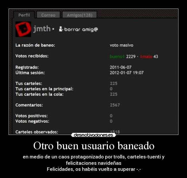 Otro buen usuario baneado - en medio de un caos protagonizado por trolls, carteles-tuenti y felicitaciones navideñas
Felicidades, os habéis vuelto a superar -.-