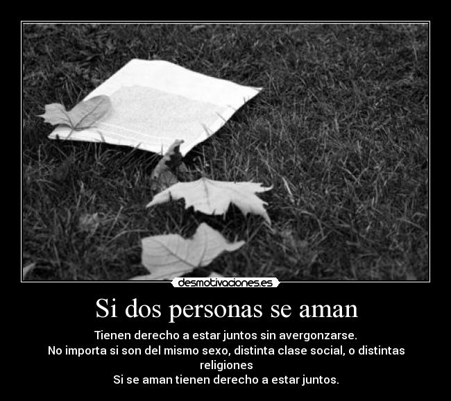 Si dos personas se aman - Tienen derecho a estar juntos sin avergonzarse.
No importa si son del mismo sexo, distinta clase social, o distintas religiones
Si se aman tienen derecho a estar juntos.