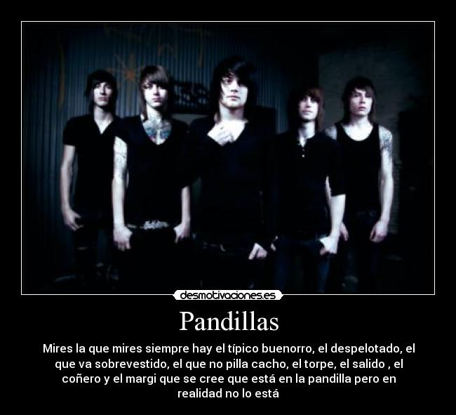 Pandillas - Mires la que mires siempre hay el típico buenorro, el despelotado, el
que va sobrevestido, el que no pilla cacho, el torpe, el salido , el
coñero y el margi que se cree que está en la pandilla pero en
realidad no lo está