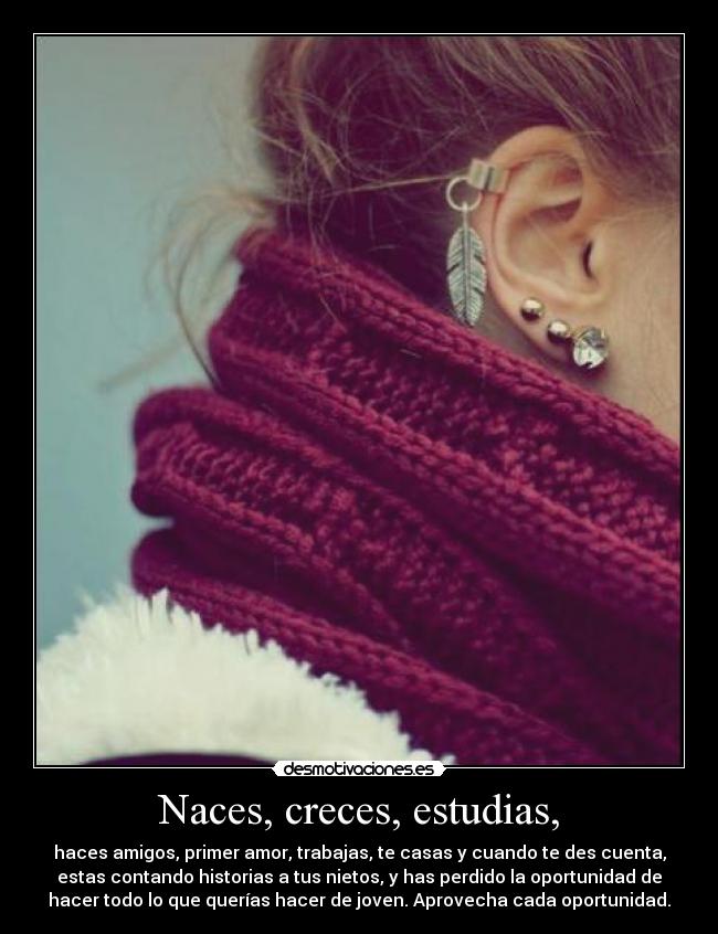 Naces, creces, estudias, - haces amigos, primer amor, trabajas, te casas y cuando te des cuenta,
estas contando historias a tus nietos, y has perdido la oportunidad de
hacer todo lo que querías hacer de joven. Aprovecha cada oportunidad.