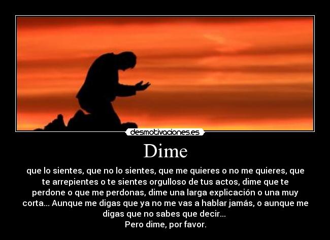Dime - que lo sientes, que no lo sientes, que me quieres o no me quieres, que
te arrepientes o te sientes orgulloso de tus actos, dime que te
perdone o que me perdonas, dime una larga explicación o una muy
corta... Aunque me digas que ya no me vas a hablar jamás, o aunque me
digas que no sabes que decir... 
Pero dime, por favor.