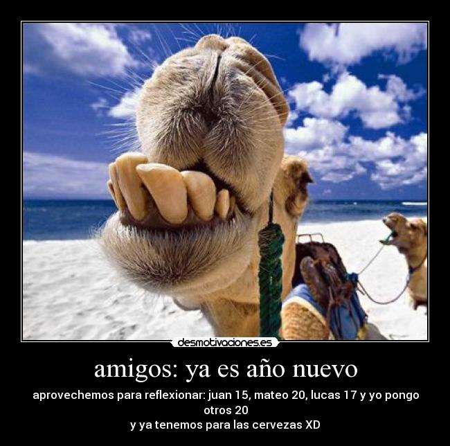 amigos: ya es año nuevo - aprovechemos para reflexionar: juan 15, mateo 20, lucas 17 y yo pongo otros 20
y ya tenemos para las cervezas XD